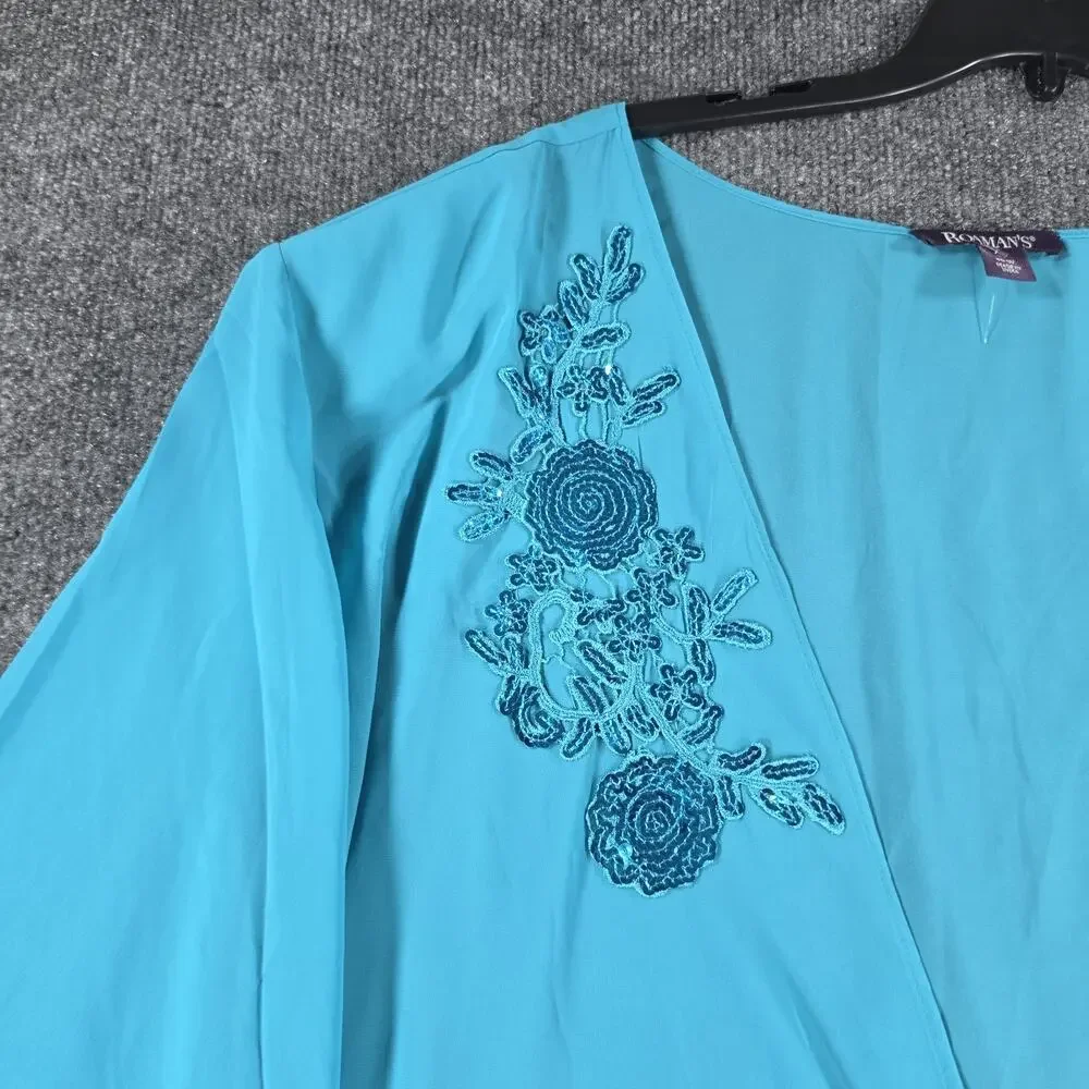 Roaman's Women 40W Turquoise 2 Piece Dress Duster Sequin Embroidered Plus Size